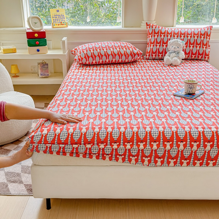 91家纺网 家纺一手货源 找家纺 2025新款全棉床单床笠 长颈鹿 床笠款