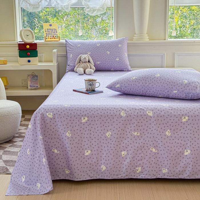 91家纺网 家纺一手货源 找家纺 2025新款全棉床单床笠 紫花猫 床单款