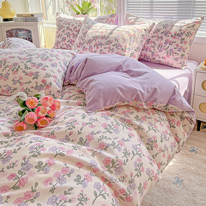 91家纺网 家纺一手货源 找家纺 2025水洗棉双层纱简约风ins风小碎花被套床单款床笠款三四件套-单被套 花开满树