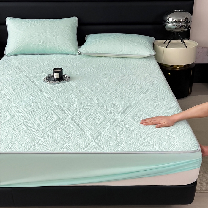 91家纺网 家纺一手货源 找家纺 世纪绒品 2025新款A类凉感压花单床笠单夏被 薄荷浅绿-单床笠