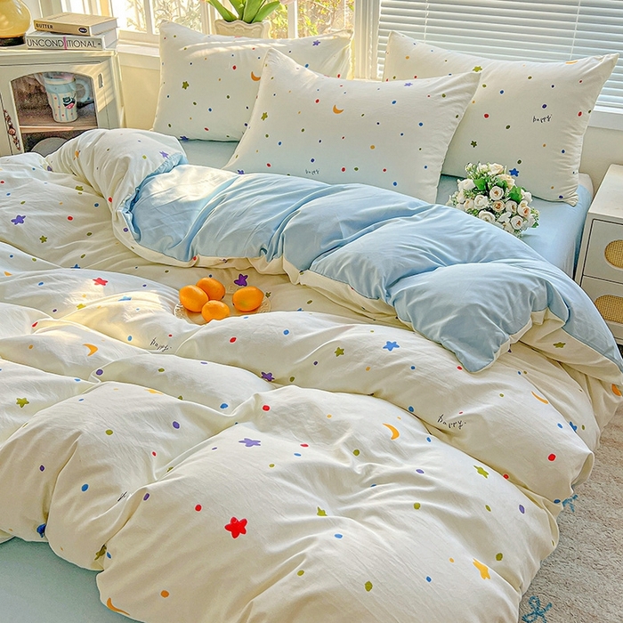 91家纺网 家纺一手货源 找家纺 2025新款水洗云朵糯糯棉简约风ins风小碎花被套床单款床笠款三四件套 星月