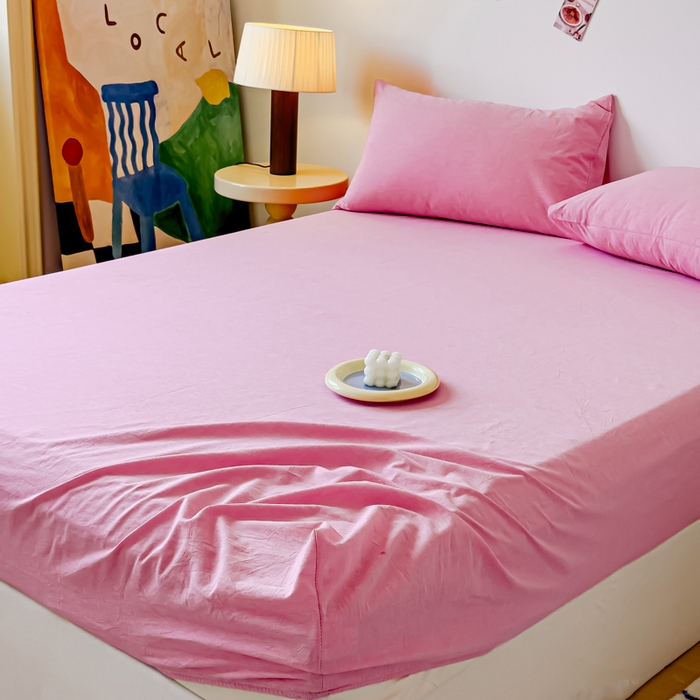 91家纺网 家纺一手货源 找家纺 2025新款全棉色织水洗棉床单床笠 玫红 床笠款