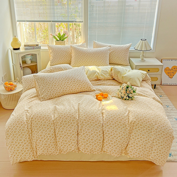 91家纺网 家纺一手货源 找家纺 2025新款水洗云朵糯糯棉简约风ins风小碎花被套床单款床笠款三四件套 浅香