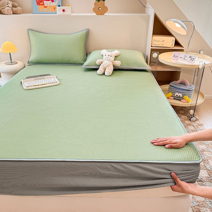 91家纺网 家纺一手货源 找家纺 金盛纺 2025新款冰豆豆凉席-床笠款 华夫格-绿