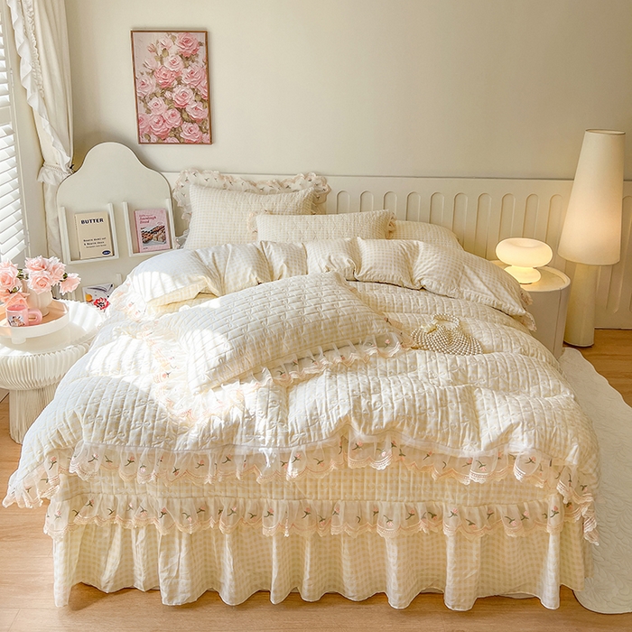 91家纺网 家纺一手货源 找家纺 网红馆 2025新款水洗棉印花床盖四件套 奶油格格