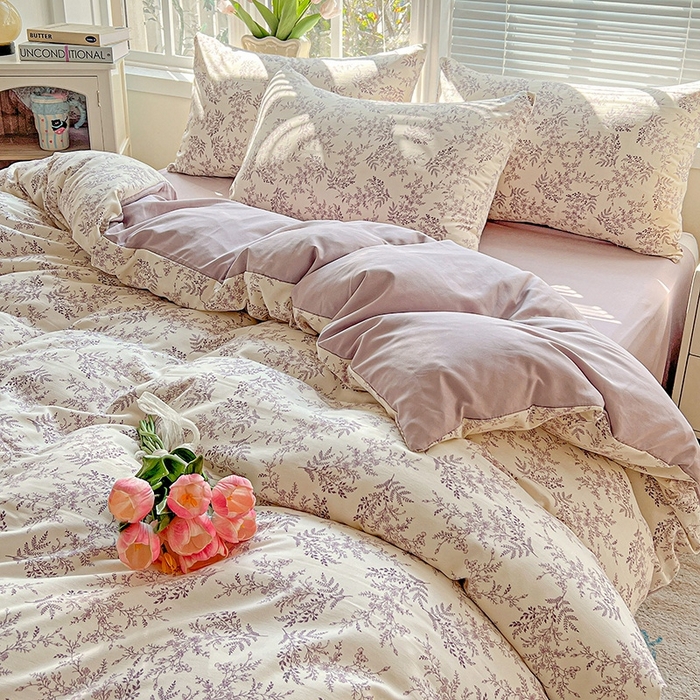 91家纺网 家纺一手货源 找家纺 2025水洗棉双层纱简约风ins风小碎花被套床单款床笠款三四件套-单被套 紫颜