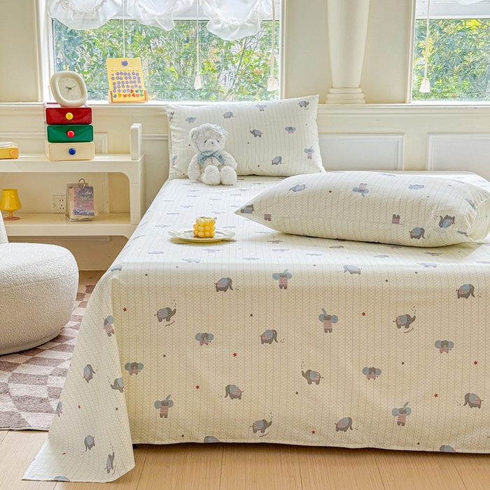 91家纺网 家纺一手货源 找家纺 2025新款全棉床单床笠 灰条小象 床单款