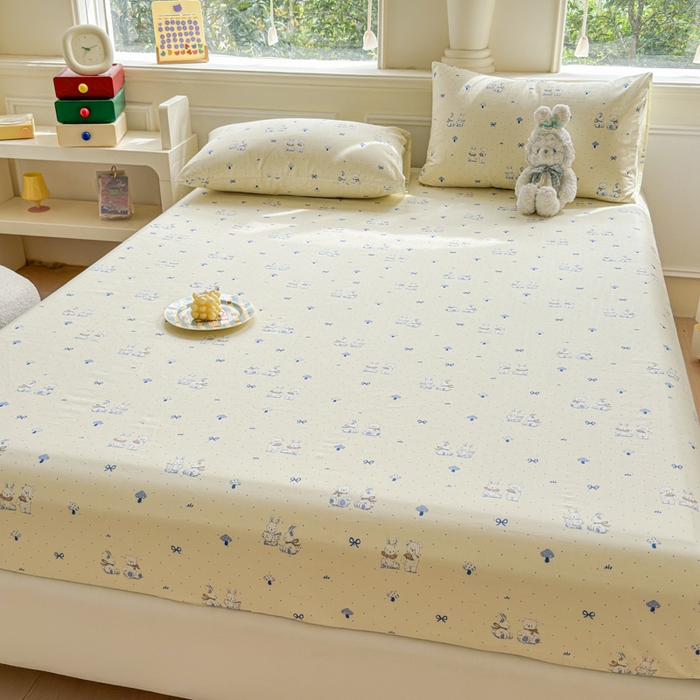 91家纺网 家纺一手货源 找家纺 2025新款全棉床单床笠 熊护萌兔  床笠款