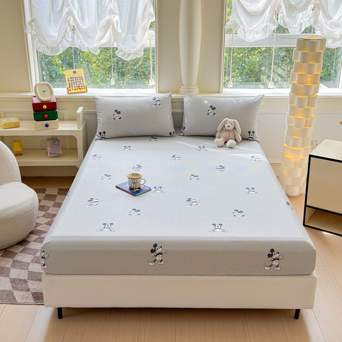 91家纺网 家纺一手货源 找家纺 2025新款全棉床单床笠 灰格米奇 床笠款