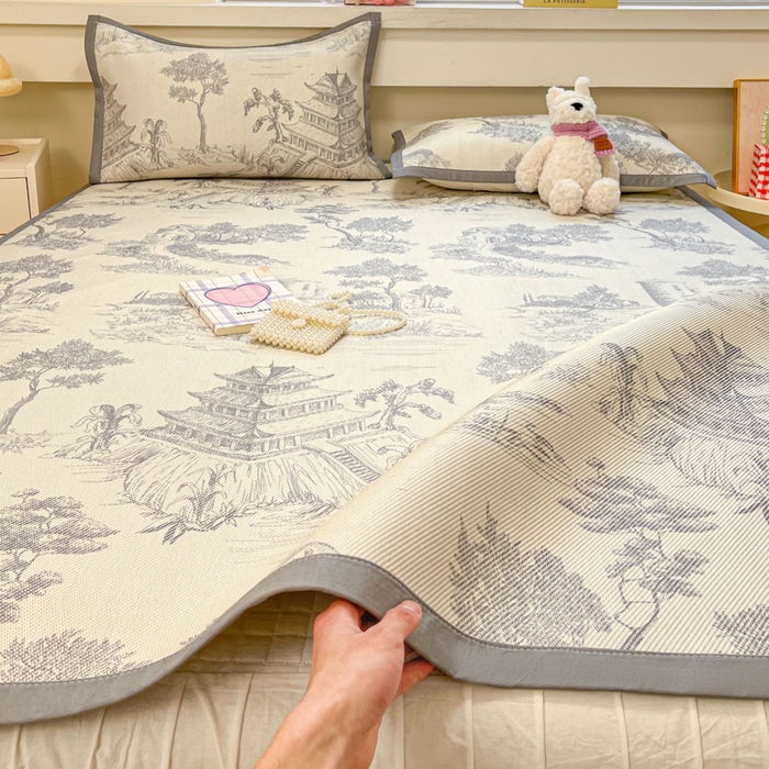 91家纺网 家纺一手货源 找家纺 慕澄家纺 2025新款小清新印花真冰藤系列凉席床席款 床席-远山