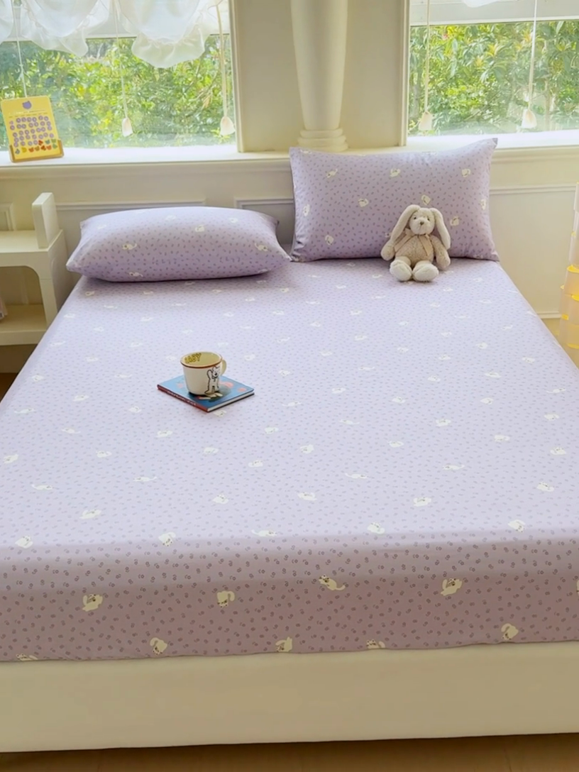 91家纺网 家纺一手货源 找家纺 2025新款全棉床单床笠 紫花猫 床笠款