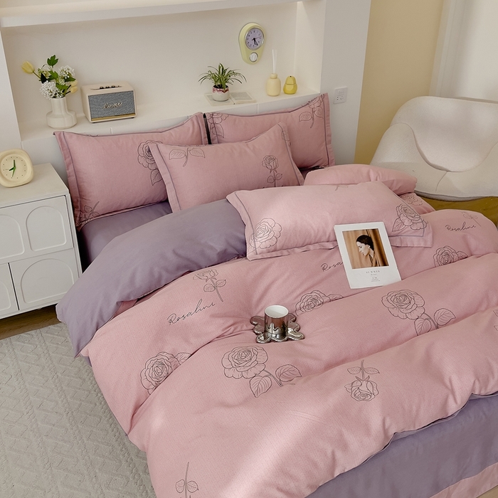 91家纺网 家纺一手货源 找家纺 优品阁 2024新款全棉磨毛四件套 法风玫瑰-粉