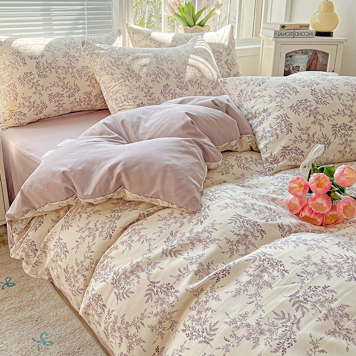 91家纺网 家纺一手货源 找家纺 2025水洗棉双层纱简约风ins风小碎花被套床单款床笠款三四件套-单被套 紫颜