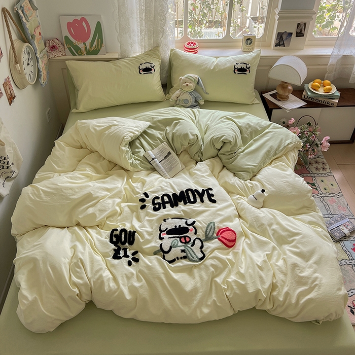 91家纺网 家纺一手货源 找家纺 曼谷家纺 2025新款软糯毛巾绣水洗棉四件套 绅士狗狗-芝士绿