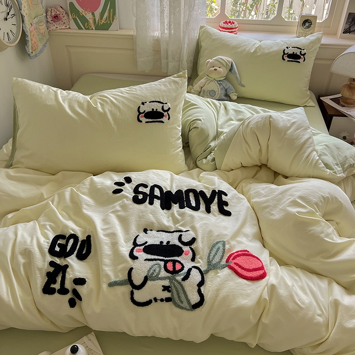 91家纺网 家纺一手货源 找家纺 曼谷家纺 2025新款软糯毛巾绣水洗棉四件套 绅士狗狗-芝士绿