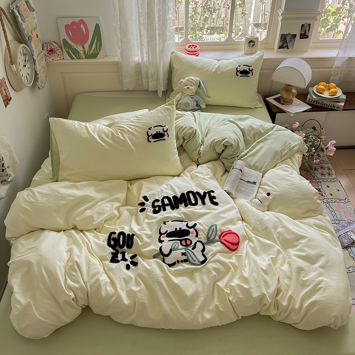 91家纺网 家纺一手货源 找家纺 曼谷家纺 2025新款软糯毛巾绣水洗棉四件套 绅士狗狗-芝士绿