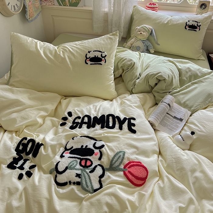 91家纺网 家纺一手货源 找家纺 曼谷家纺 2025新款软糯毛巾绣水洗棉四件套 绅士狗狗-芝士绿