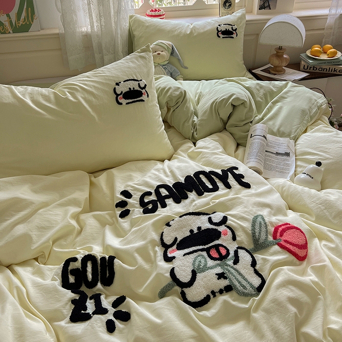 91家纺网 家纺一手货源 找家纺 曼谷家纺 2025新款软糯毛巾绣水洗棉四件套 绅士狗狗-芝士绿