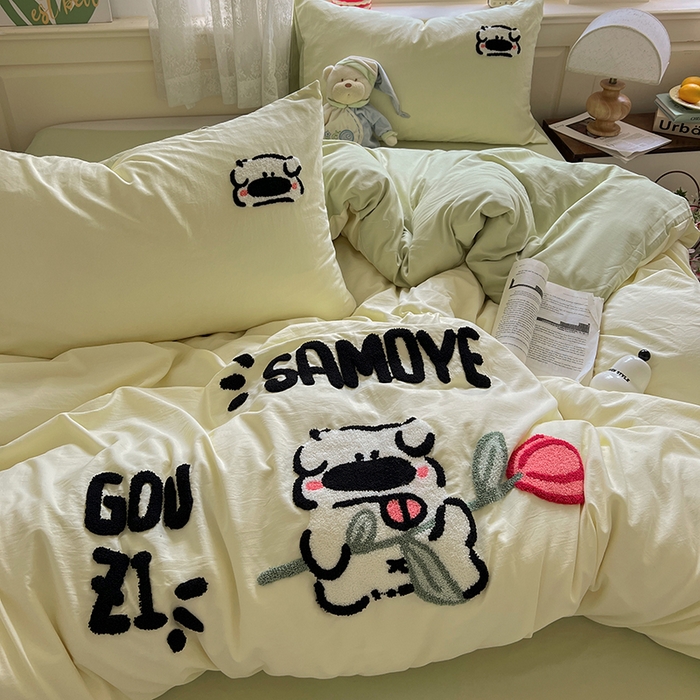 91家纺网 家纺一手货源 找家纺 曼谷家纺 2025新款软糯毛巾绣水洗棉四件套 绅士狗狗-芝士绿