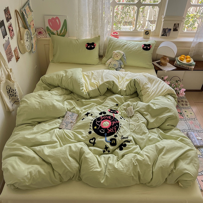 91家纺网 家纺一手货源 找家纺 曼谷家纺 2025新款软糯毛巾绣水洗棉四件套 音乐节-豆绿芝士