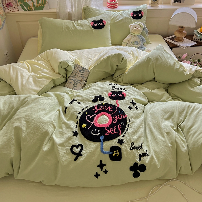 91家纺网 家纺一手货源 找家纺 曼谷家纺 2025新款软糯毛巾绣水洗棉四件套 音乐节-豆绿芝士