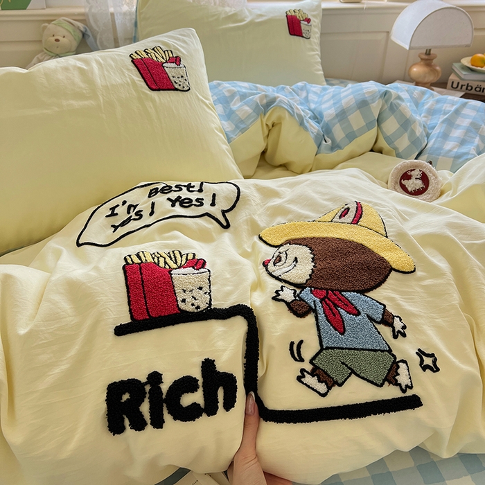 91家纺网 家纺一手货源 找家纺 曼谷家纺 2025新款软糯毛巾绣水洗棉四件套 布拉拉-芝士兰格