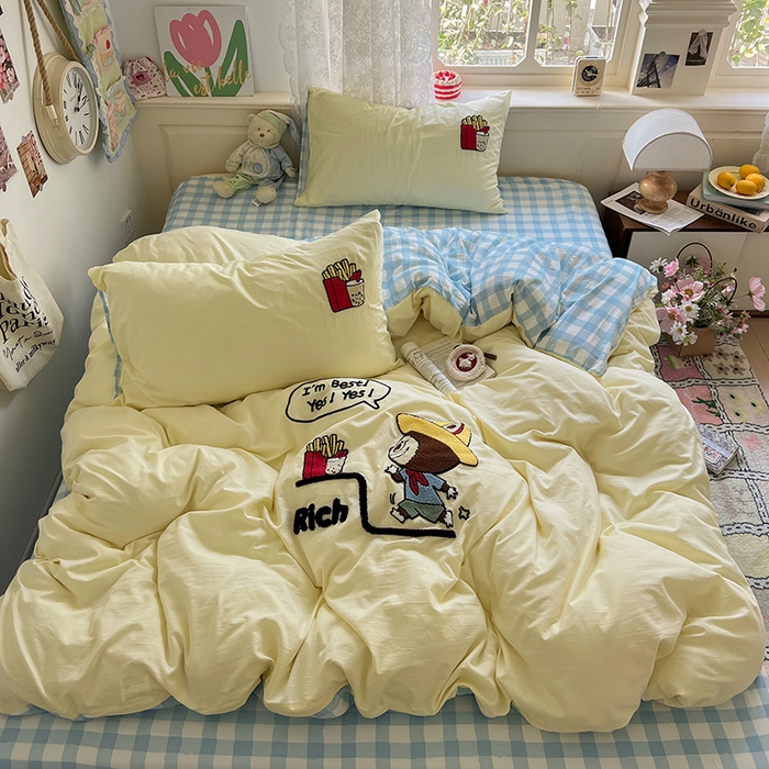 91家纺网 家纺一手货源 找家纺 曼谷家纺 2025新款软糯毛巾绣水洗棉四件套 布拉拉-芝士兰格