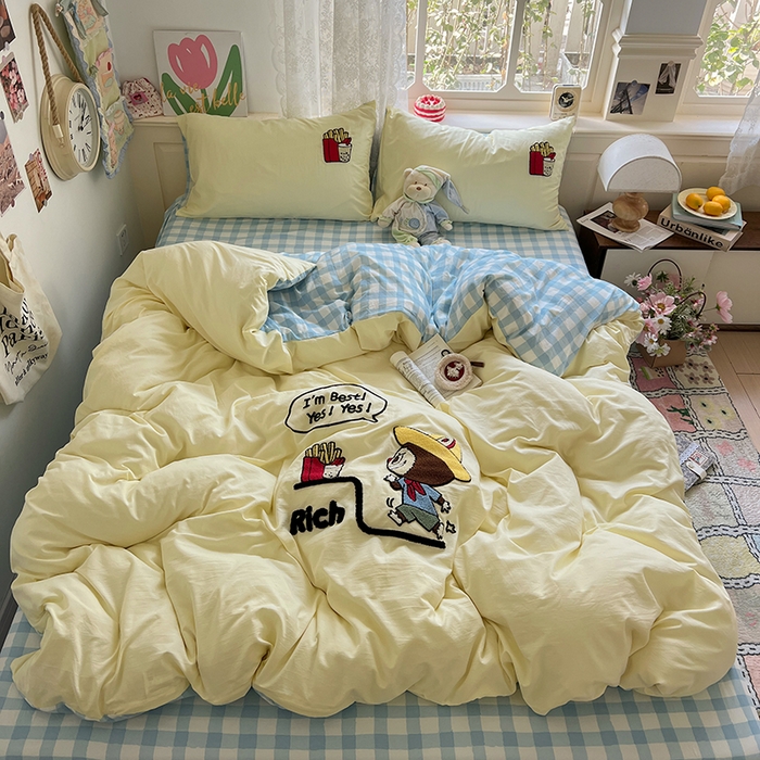 91家纺网 家纺一手货源 找家纺 曼谷家纺 2025新款软糯毛巾绣水洗棉四件套 布拉拉-芝士兰格