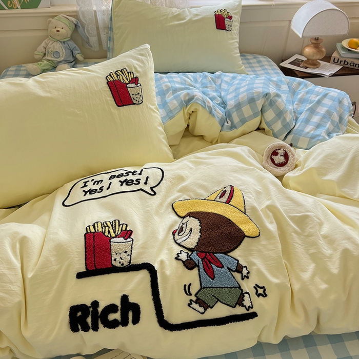 91家纺网 家纺一手货源 找家纺 曼谷家纺 2025新款软糯毛巾绣水洗棉四件套 布拉拉-芝士兰格