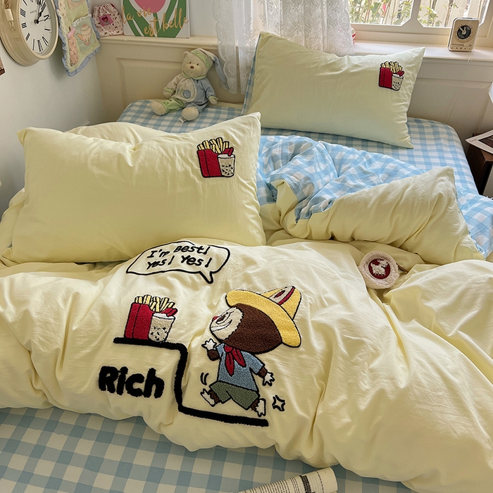 91家纺网 家纺一手货源 找家纺 曼谷家纺 2025新款软糯毛巾绣水洗棉四件套 布拉拉-芝士兰格