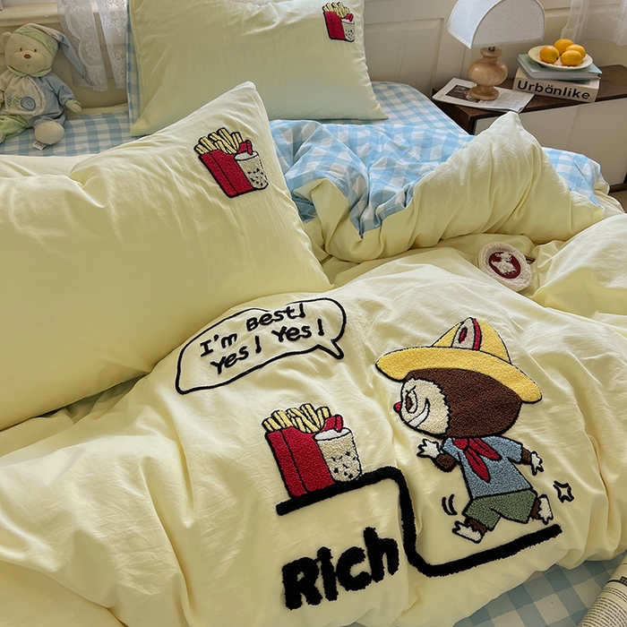 91家纺网 家纺一手货源 找家纺 曼谷家纺 2025新款软糯毛巾绣水洗棉四件套 布拉拉-芝士兰格