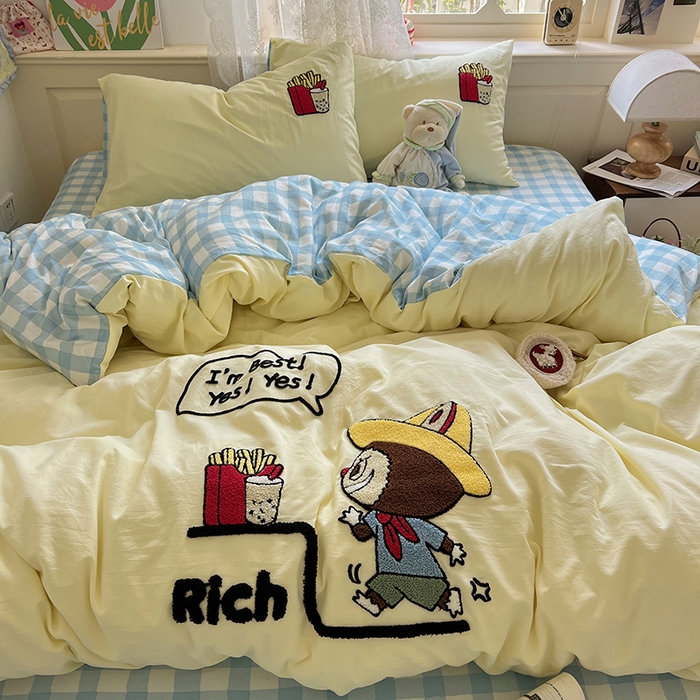 91家纺网 家纺一手货源 找家纺 曼谷家纺 2025新款软糯毛巾绣水洗棉四件套 布拉拉-芝士兰格