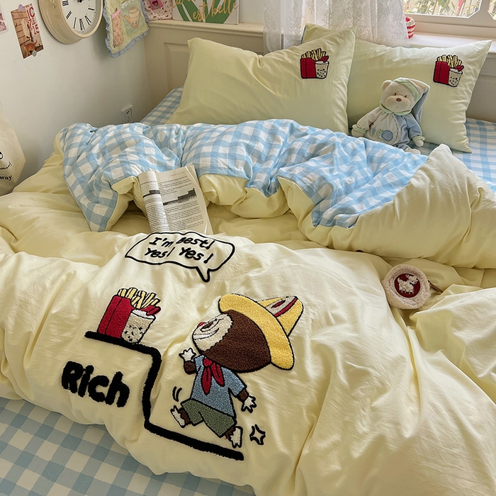 91家纺网 家纺一手货源 找家纺 曼谷家纺 2025新款软糯毛巾绣水洗棉四件套 布拉拉-芝士兰格