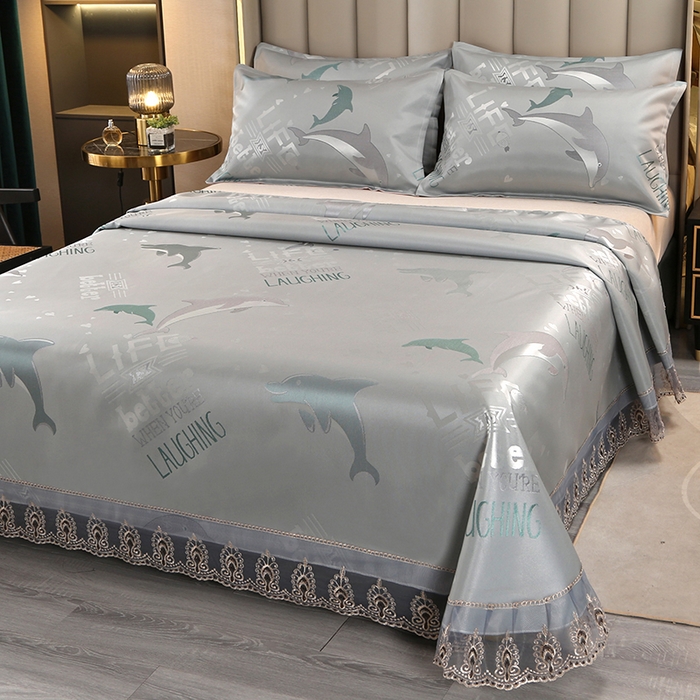 91家纺网 家纺一手货源 找家纺 席皇后 2025新款可机洗抗菌提花冰丝席 海豚 绿