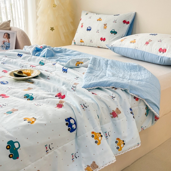 91家纺网 家纺一手货源 找家纺  （提供买家秀 爆款花型 不断货）2025新款水洗棉亲肤舒适印花夏被、夏被四件套 汽车园