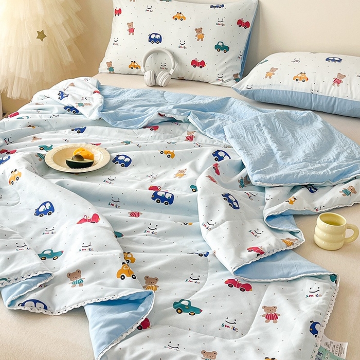 91家纺网 家纺一手货源 找家纺  （提供买家秀 爆款花型 不断货）2025新款水洗棉亲肤舒适印花夏被、夏被四件套 汽车园