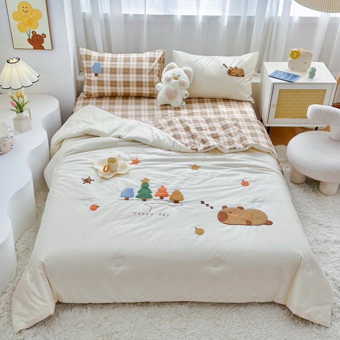 91家纺网 家纺一手货源 找家纺 （总）如意朵 2025新款可爱卡通全棉小清新毛巾绣夏被