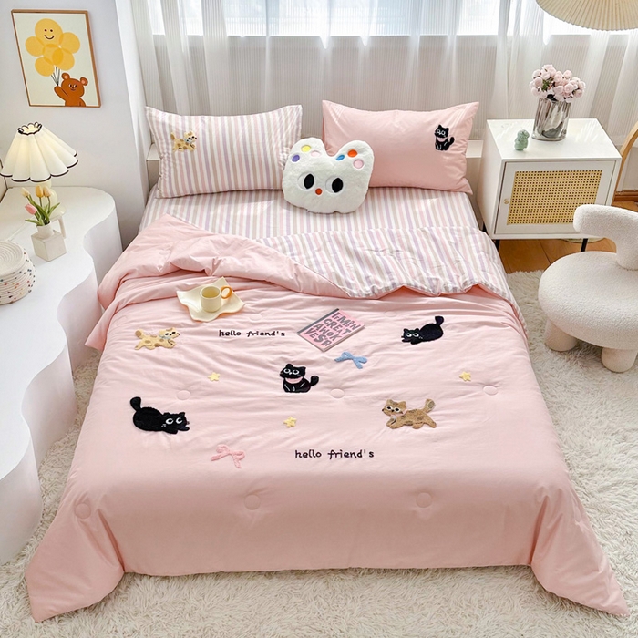 91家纺网 家纺一手货源 找家纺 （总）如意朵 2025新款可爱卡通全棉小清新毛巾绣夏被