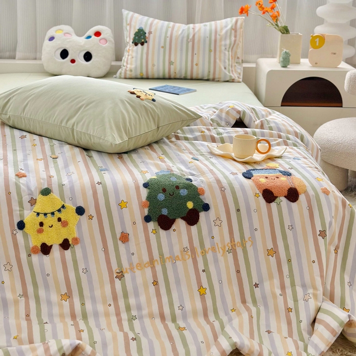 91家纺网 家纺一手货源 找家纺 如意朵 2025新款可爱卡通全棉小清新毛巾绣夏被 彩色星星