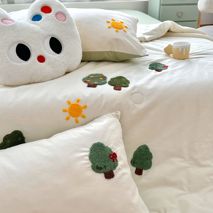 91家纺网 家纺一手货源 找家纺 如意朵 2025新款可爱卡通全棉小清新毛巾绣夏被 美好时光