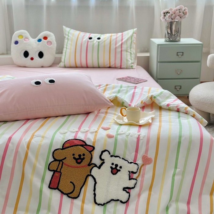 91家纺网 家纺一手货源 找家纺 如意朵 2025新款可爱卡通全棉小清新毛巾绣夏被 一起嗨