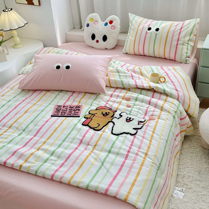 91家纺网 家纺一手货源 找家纺 如意朵 2025新款可爱卡通全棉小清新毛巾绣夏被 一起嗨