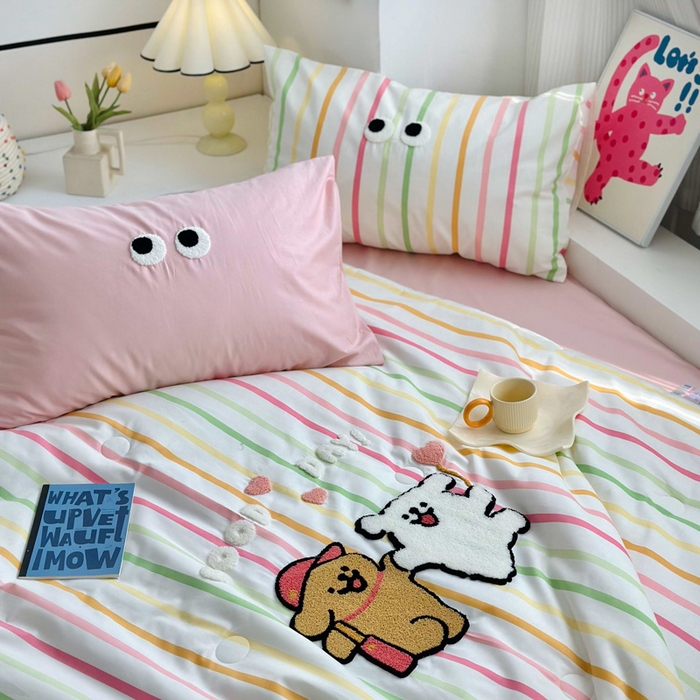 91家纺网 家纺一手货源 找家纺 如意朵 2025新款可爱卡通全棉小清新毛巾绣夏被 一起嗨