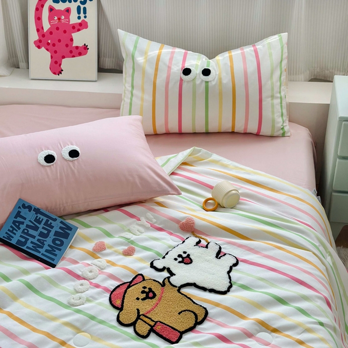 91家纺网 家纺一手货源 找家纺 如意朵 2025新款可爱卡通全棉小清新毛巾绣夏被 一起嗨