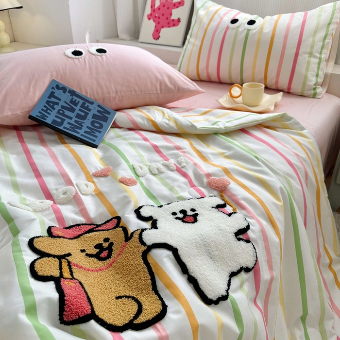 91家纺网 家纺一手货源 找家纺 如意朵 2025新款可爱卡通全棉小清新毛巾绣夏被 一起嗨