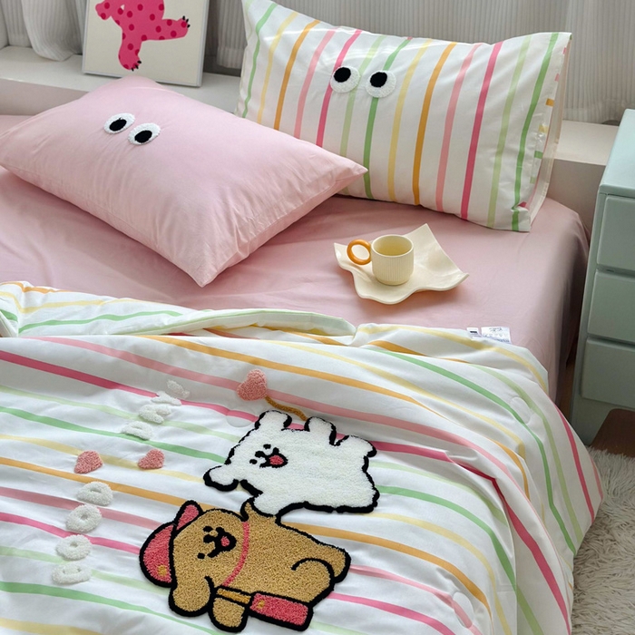 91家纺网 家纺一手货源 找家纺 如意朵 2025新款可爱卡通全棉小清新毛巾绣夏被 一起嗨