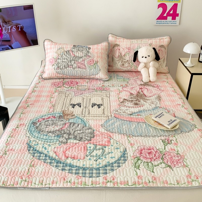 91家纺网 家纺一手货源 找家纺 顾里家纺 2025新款凉感丝数码印花ins大版卡通席三件套 猫猫梦想