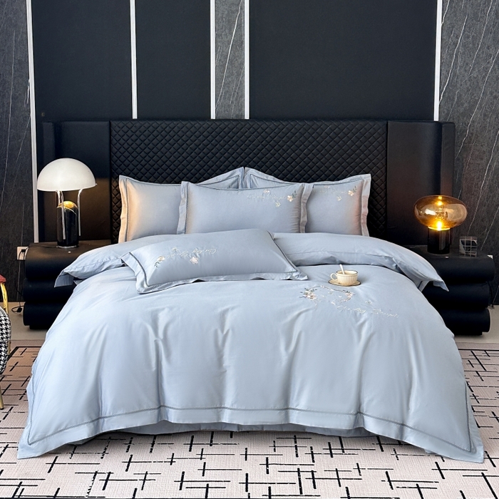 91家纺网 家纺一手货源 找家纺 美伦美焕 2025新款简约轻奢绣花四件套-蔓绣 蔓绣-北极蓝