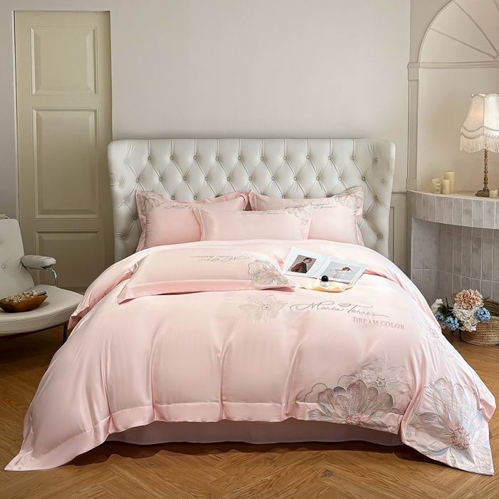 91家纺网 家纺一手货源 找家纺 新方向 2025新款天丝刺绣四件套-时光 时光-粉玉