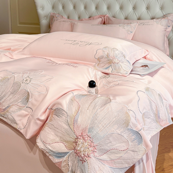 91家纺网 家纺一手货源 找家纺 新方向 2025新款天丝刺绣四件套-时光 时光-粉玉